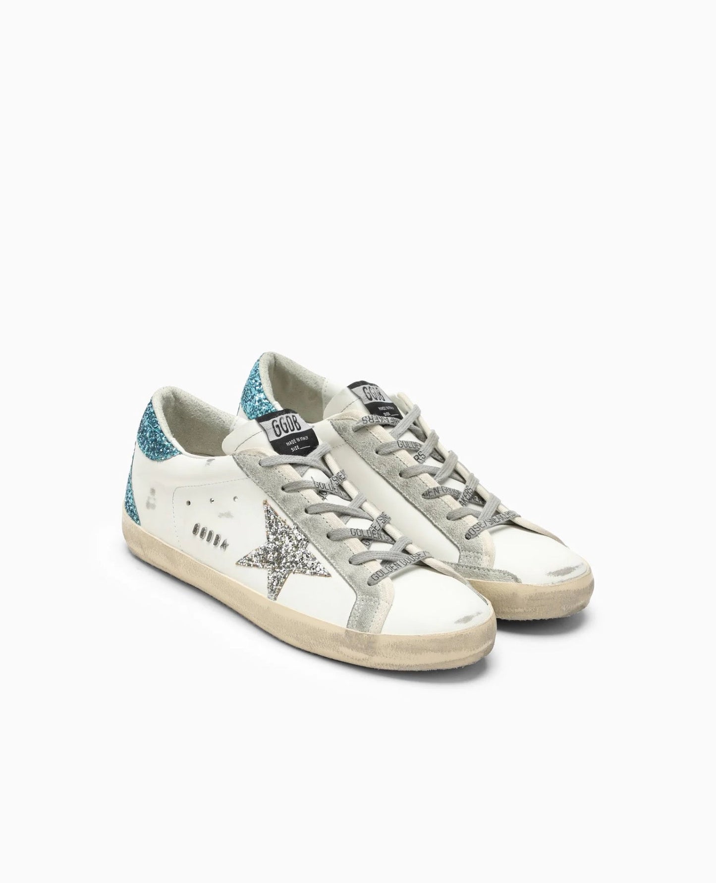golden goose women’s super-star with silver star and turquoise glitter heel tab_1