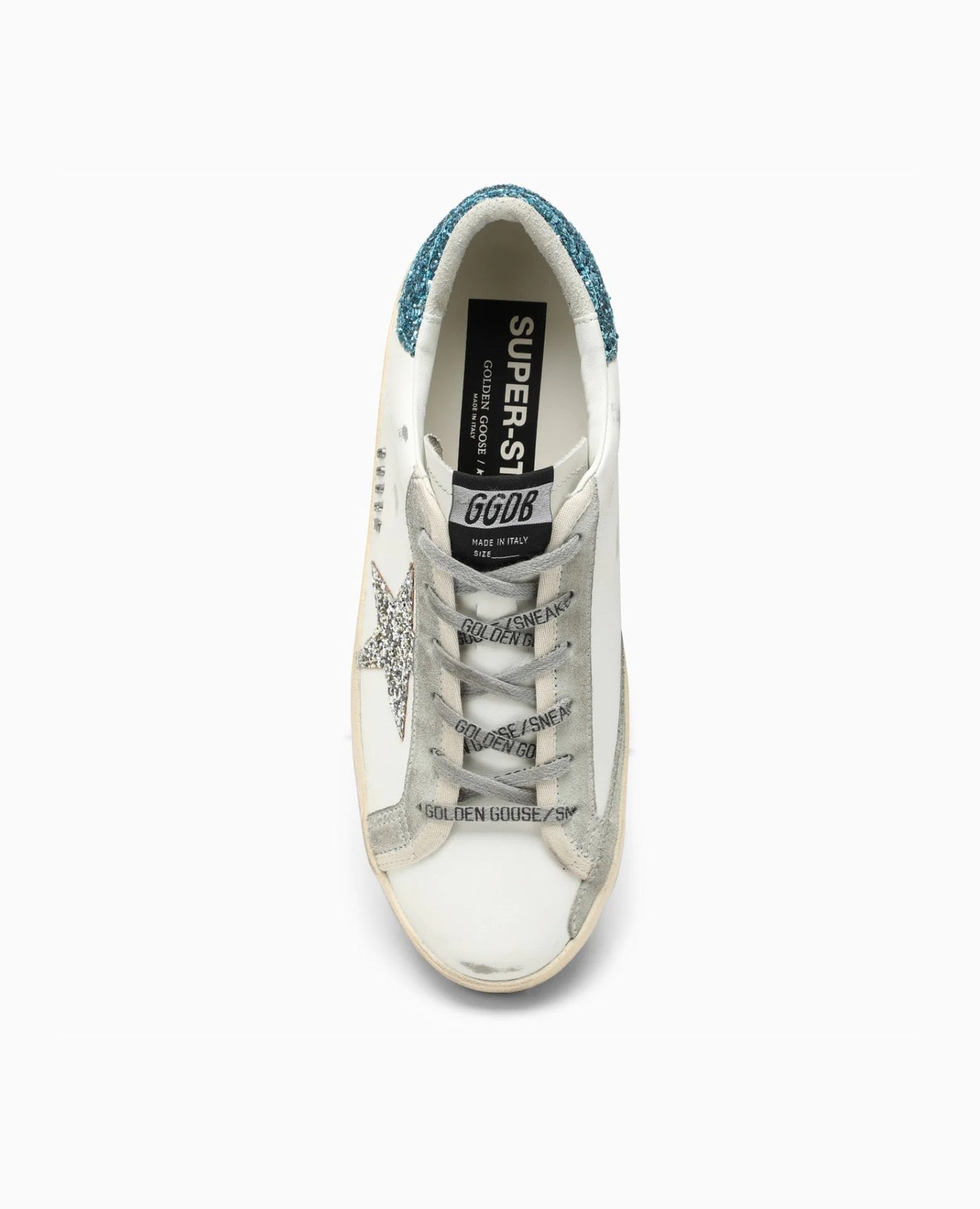 golden goose women’s super-star with silver star and turquoise glitter heel tab_1