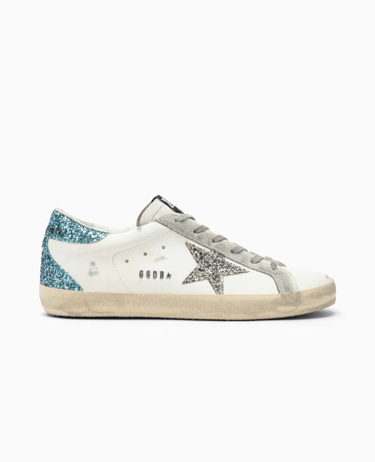golden goose women’s super-star with silver star and turquoise glitter heel tab_1